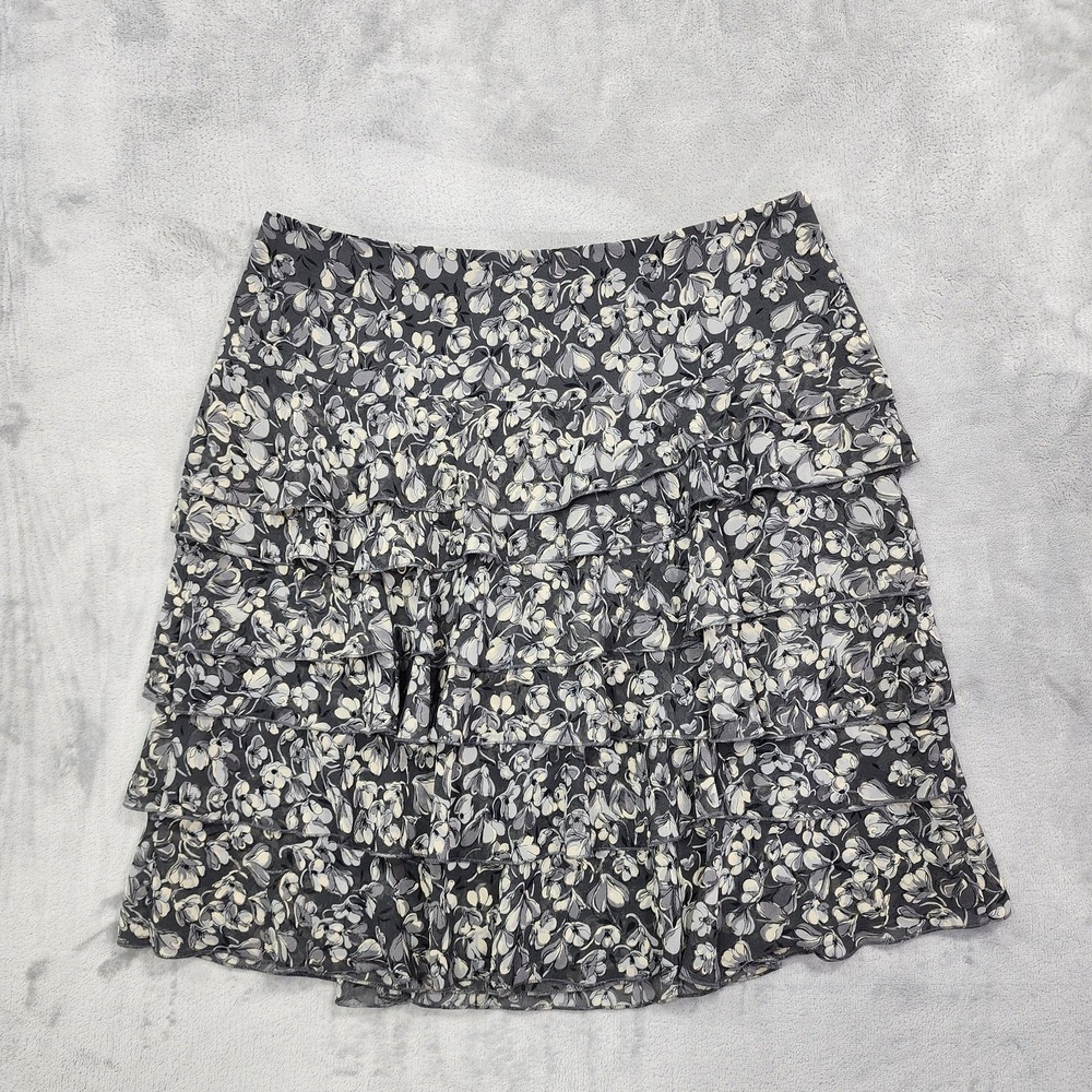 Ann Taylor LOFT Skirt Womens 4 Gray Floral Tiered Ruffle Mini Chiffon Back Zip